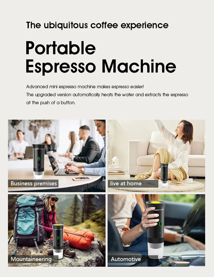 Portable mini black espresso machine with heating, used for travel, office, camping, and car coffee on the go.