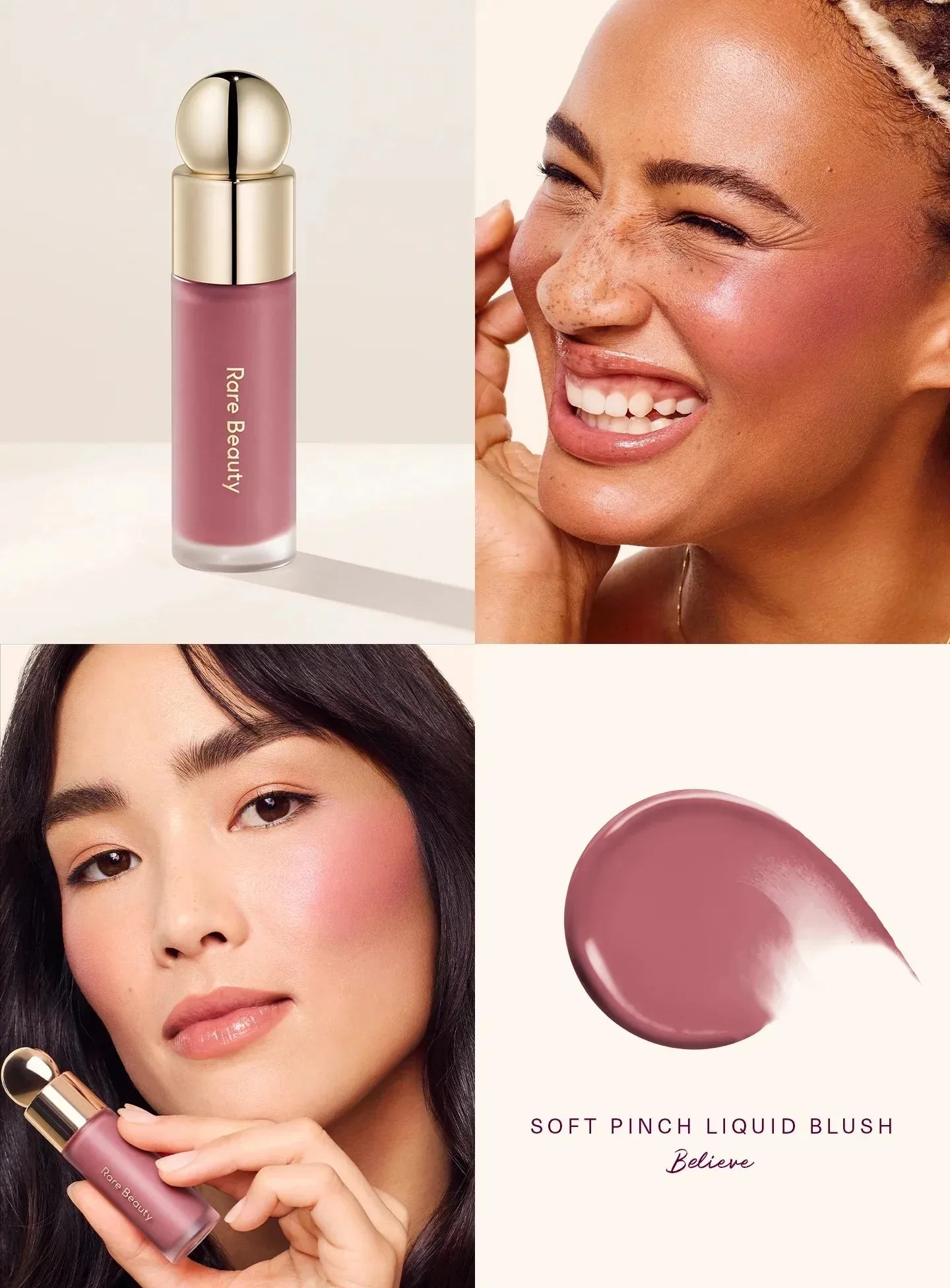 Rare Beauty Soft Pinch Liquid Blush in Believe: muted mauve cream formula with natural, long-lasting matte finish.