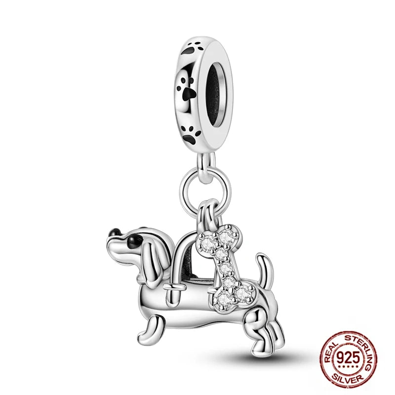 925 sterling silver dog charm with crystal bone pendant for DIY bracelets, cute pet jewelry gift.