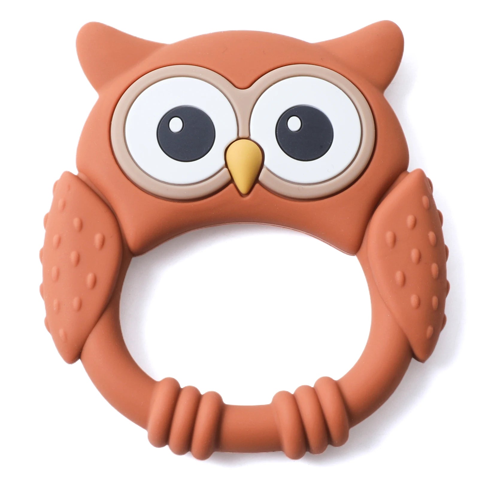 Brown owl silicone teething toy for baby pain relief.