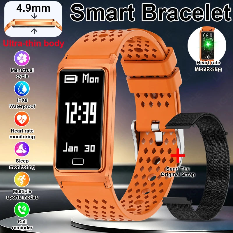 Ultra-thin smart bracelet with orange perforated strap and rectangular screen showing 12:39
