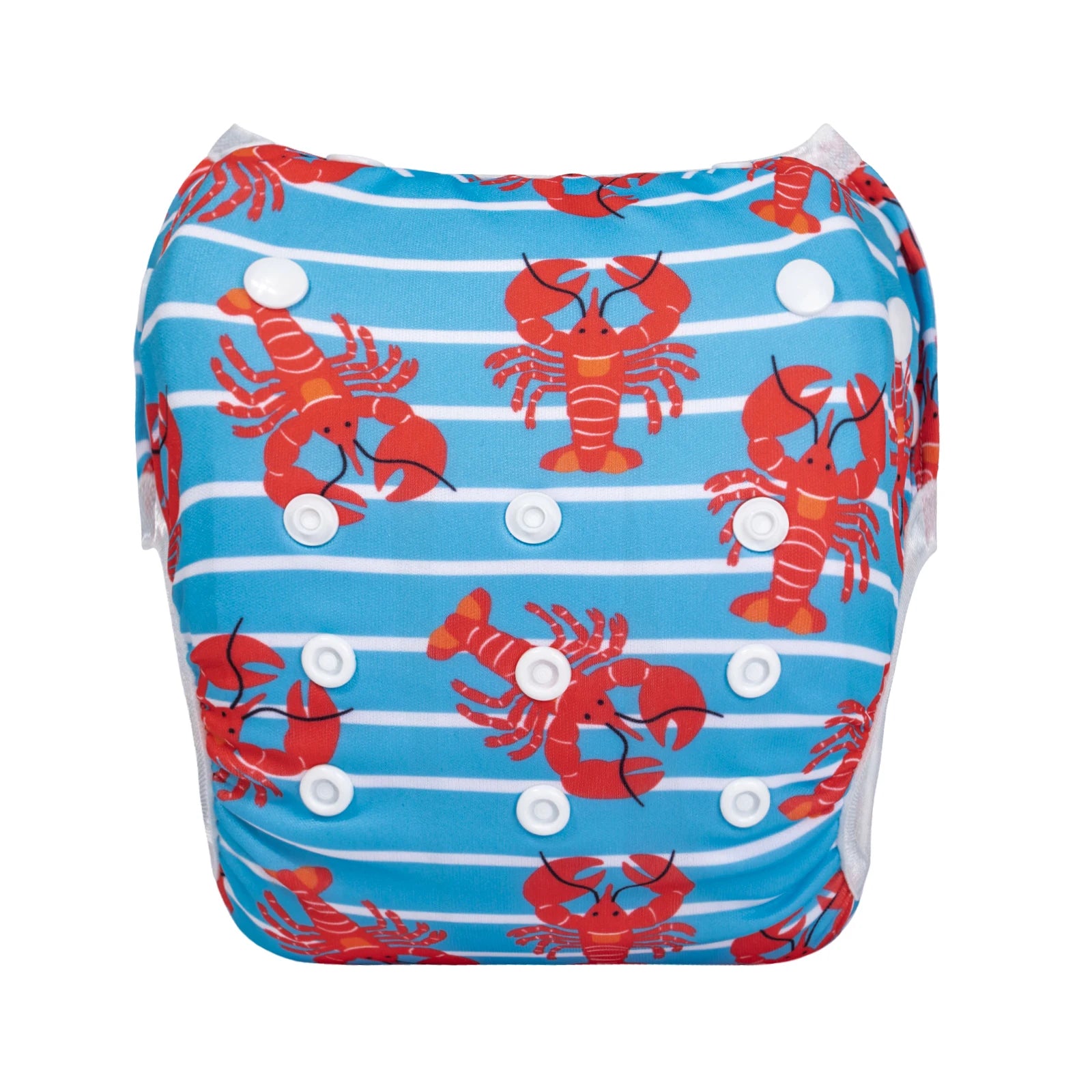 Reusable cloth baby diaper with adjustable snaps and blue striped lobster print.