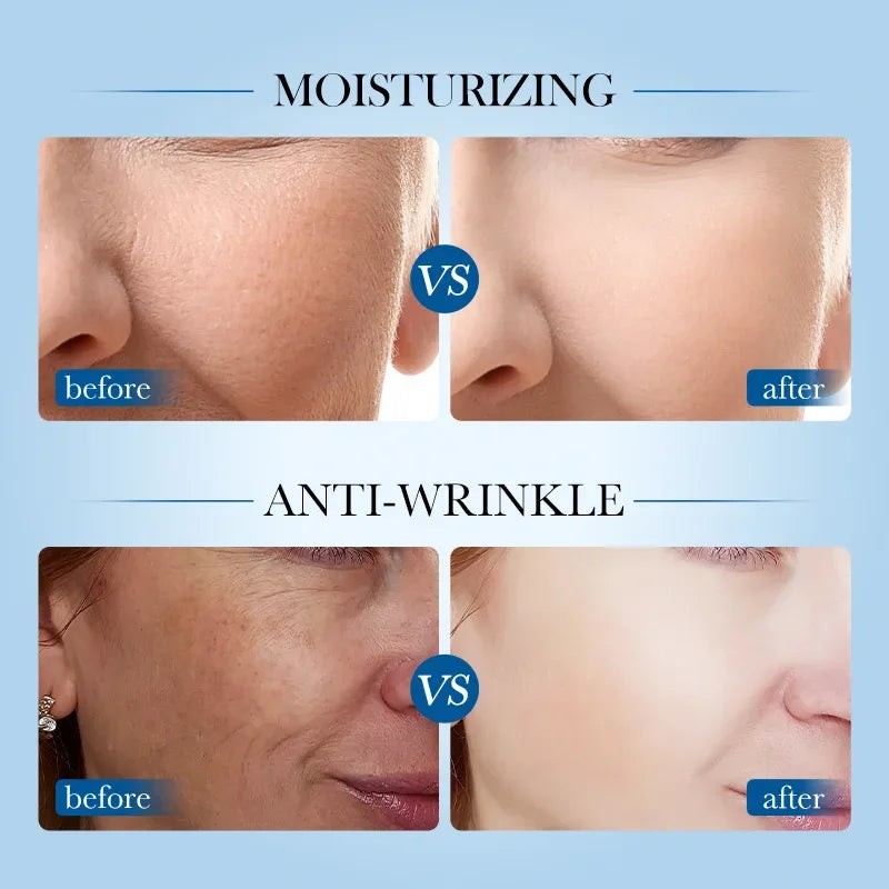 Before-and-after comparison of skin showing improved texture and reduced wrinkles after using a facial repair serum.