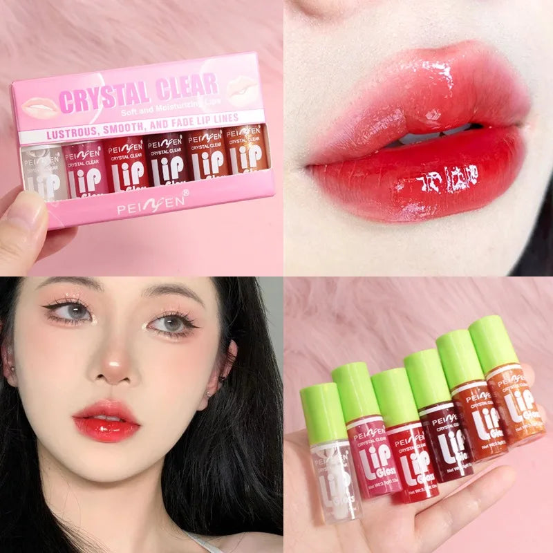 6pcs hydrating lip oil set for high-shine, glossy lips. Transparent, plumping lip glaze with smooth, moisturizing finish.
