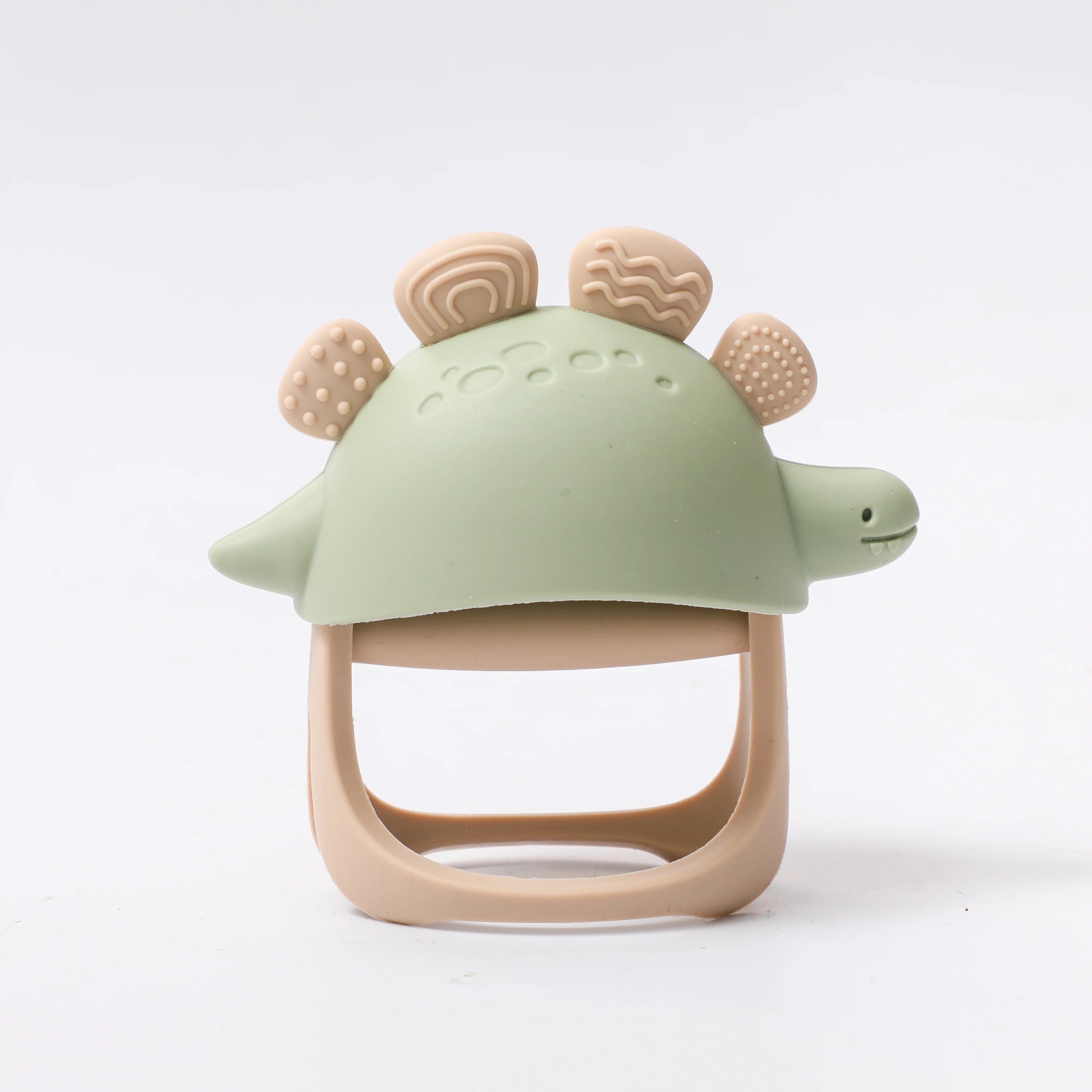 Sage green and tan dinosaur silicone teething toy for baby pain relief.
