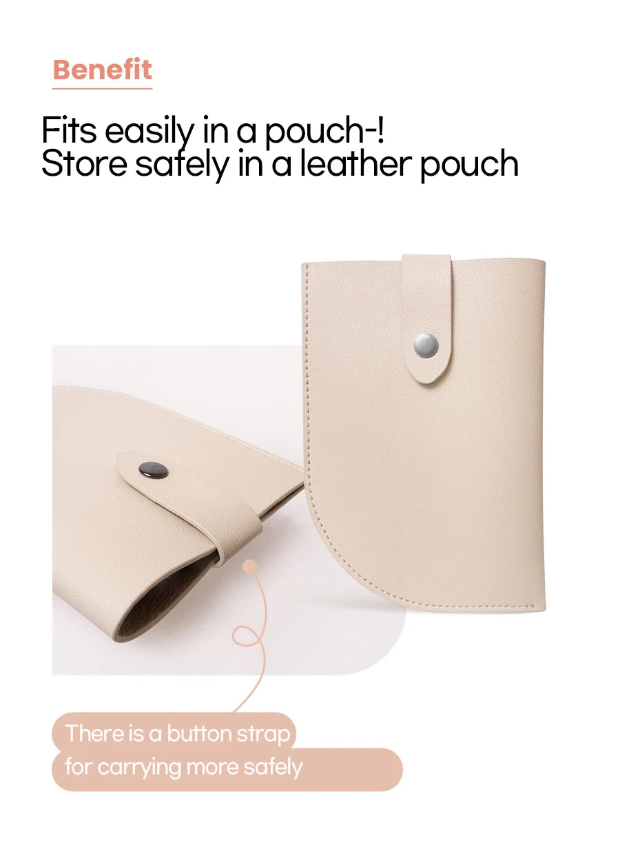 Beige faux leather storage pouch for Gua sha tools with a secure snap button strap, shown from front and side angles.