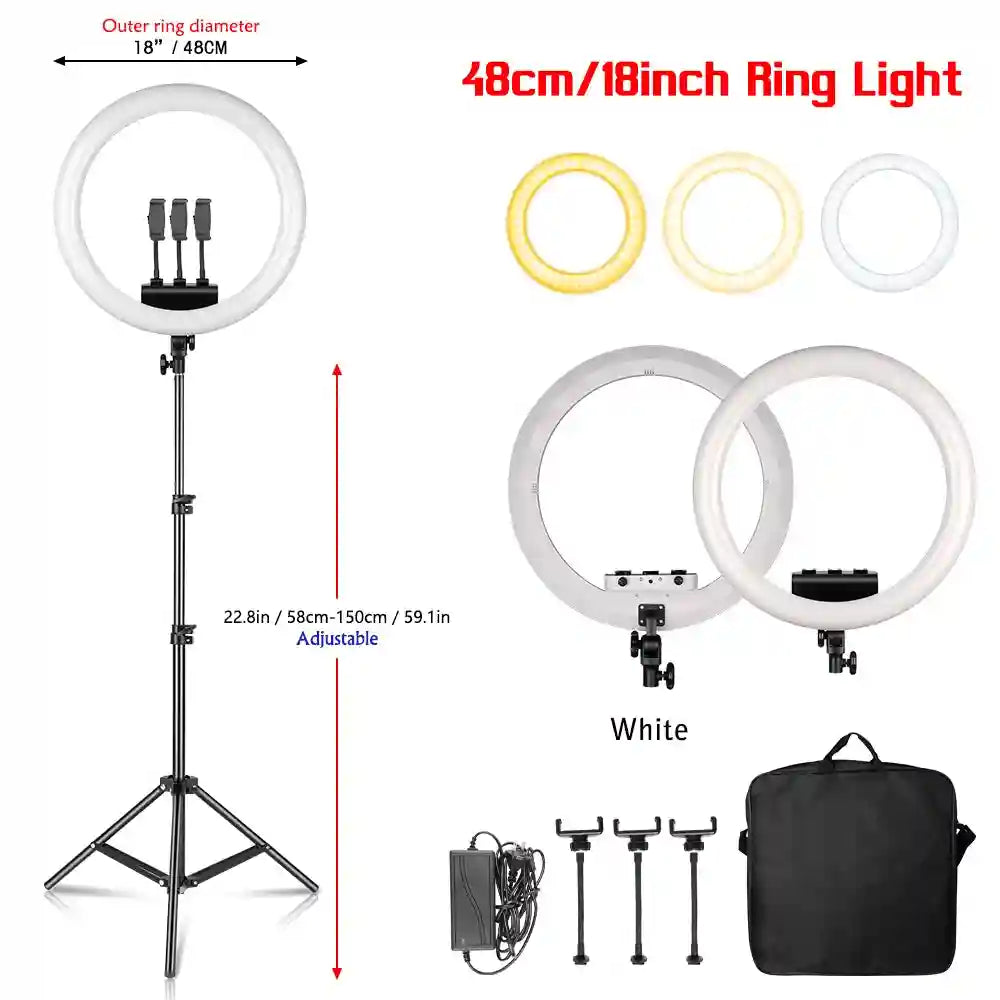 18 Inch LED Ring Light with Adjustable Tripod for Professional Streaming white 150cm tripod Tidesmit
