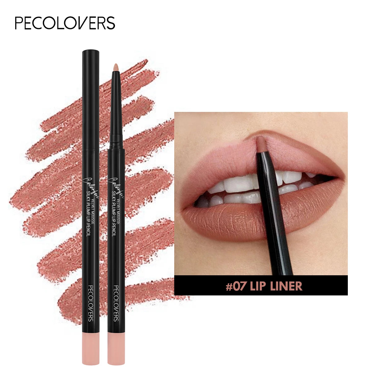 Pecolovers #07 matte dewy lip liner pencil with long-lasting, waterproof, smudge-proof formula and nude color swatch.
