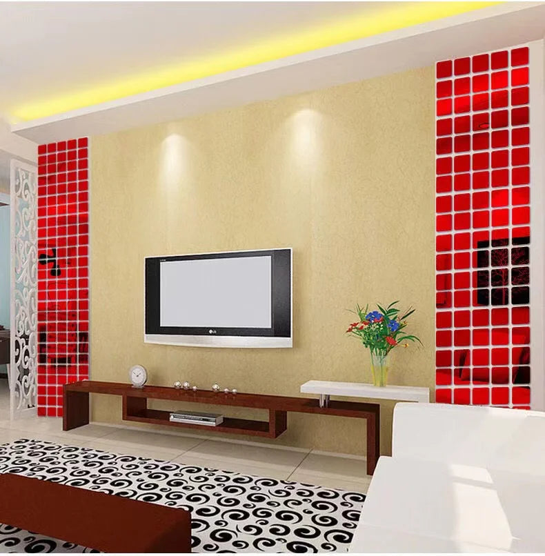 100pcs DIY Mosaic Mirror Wall Stickers Self Adhesive 3D Acrylic Square Wall Decals Tiles Background Home Decor 2x2cm 3x3cm 4x4cm