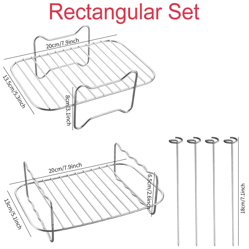 Rectangular air fryer wire rack set with four skewers and support stands