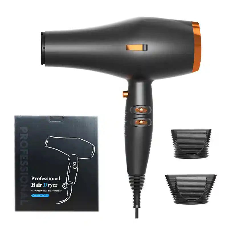 2400W professional high-speed hair dryer in matte black and gold with two styling nozzles and matching retail box.