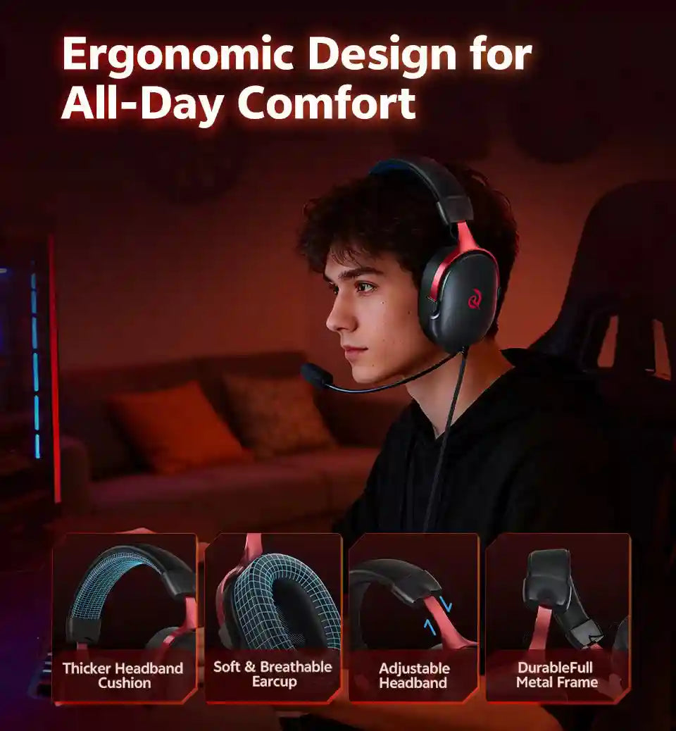 Wired Gaming Headset 7.1 Surround Sound - Ergonomic Over-Ear Black Tidesmit
