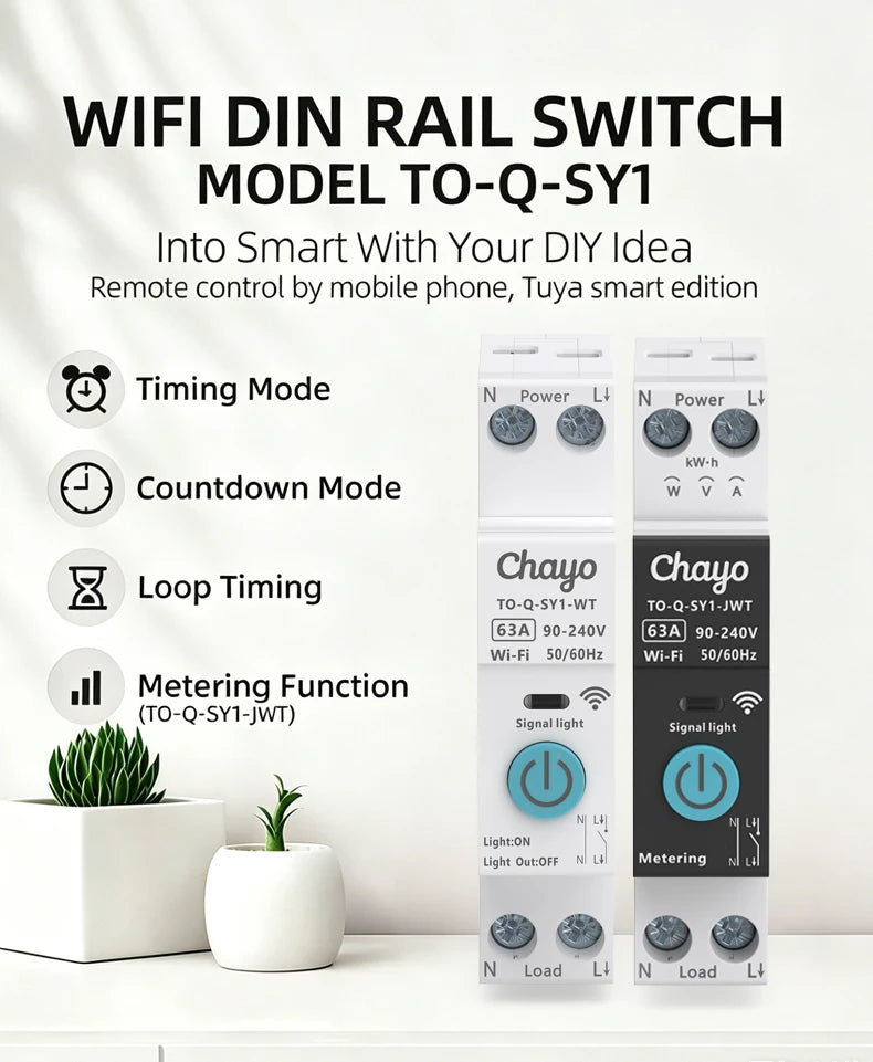 Tuya Wifi Smart Circuit Breaker Switch With Metering 63A1P Din Rail Remote Control Smart Home Smart Life App Timer Module TONGOU