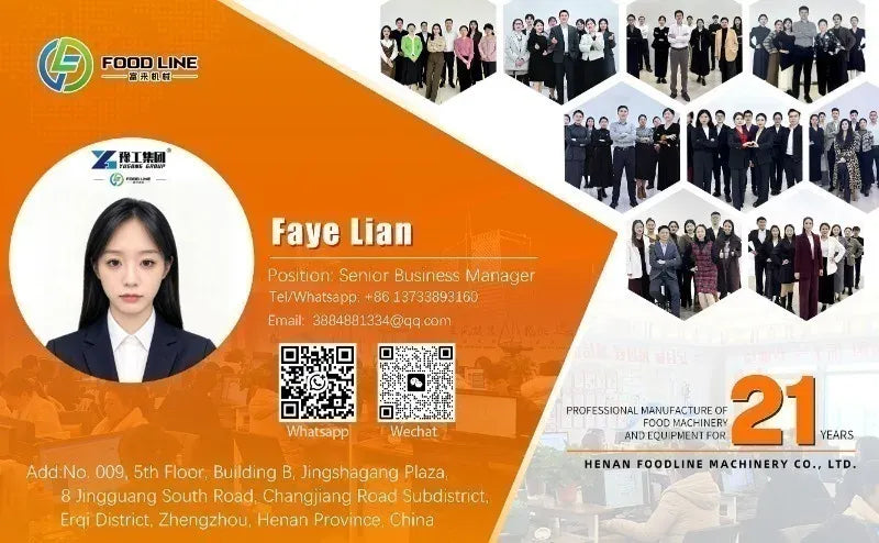 FOODLINE company profile card with team photo, contact details, and QR codes