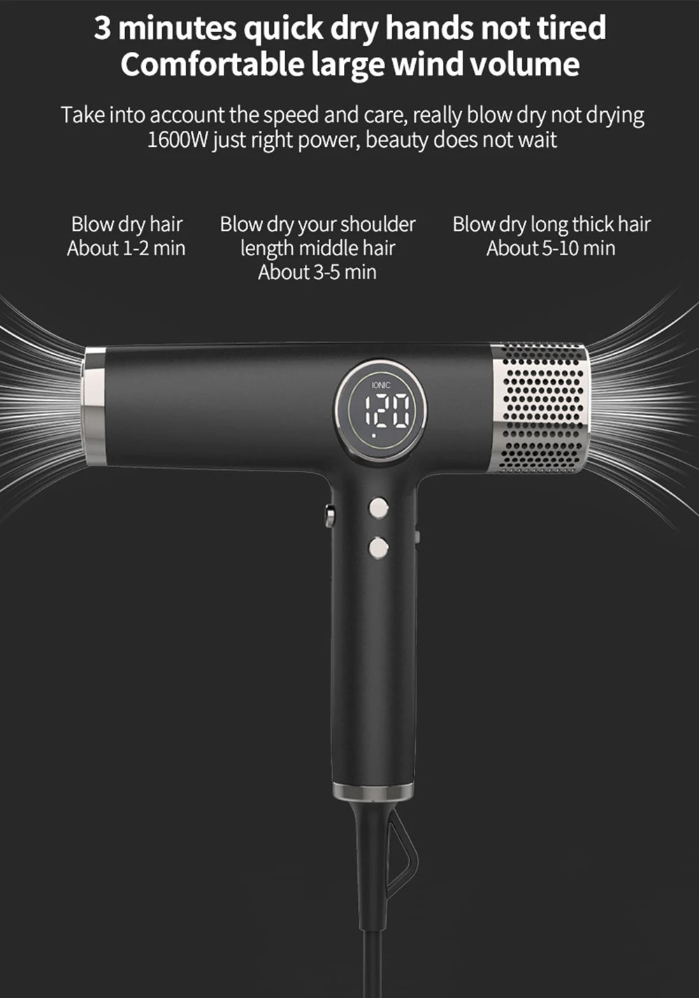 Black professional 1800W ionic hair dryer with digital display, high-speed brushless motor, and fast-drying airflow.
