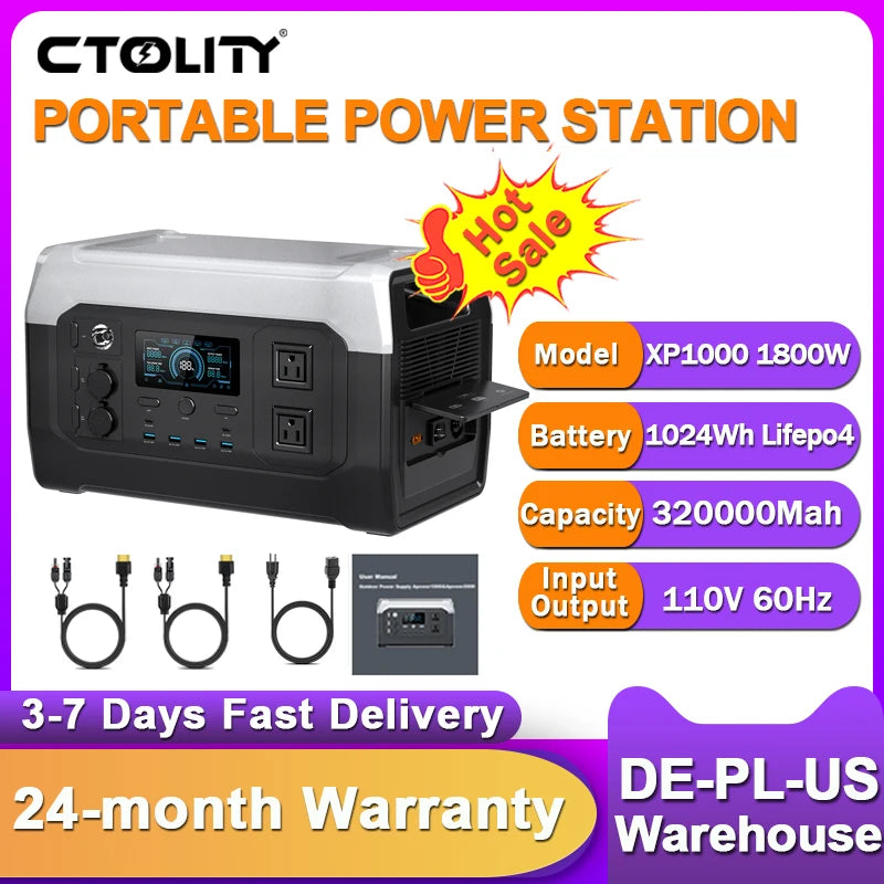 CTOLITY 1800W Camping Portable Power Station 1024Wh Lifepo4 Pure Sinve Wave Solar Generator Outdoor XP1000 110V AC Garden Party