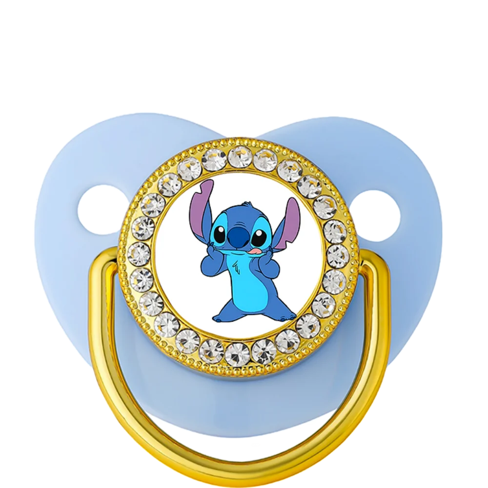 Blue silicone baby teething pacifier featuring a gold-rimmed Stitch character design for teething relief.