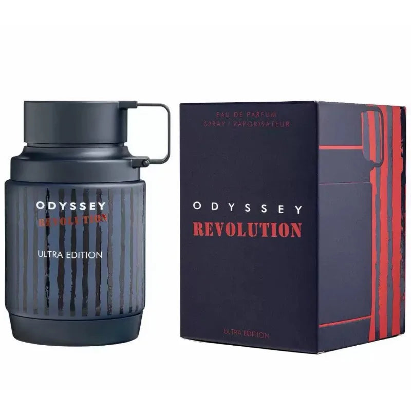 Armaf Odyssey Revolution unisex woody Eau de Parfum. Matte dark blue cylindrical bottle with unique handle cap and box.