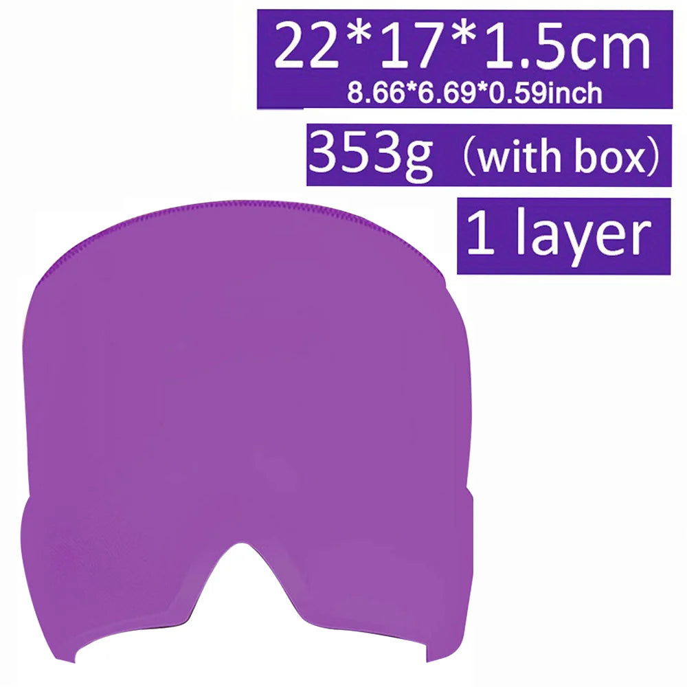 Purple gel ice pack hat for migraine and headache relief. Form-fitting cold compress cap for tension and sinus pain.