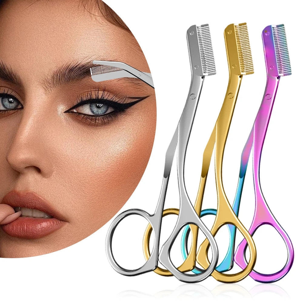 Professional stainless steel eyebrow trimmers with comb, in silver, gold, and rainbow colors for brow shaping.