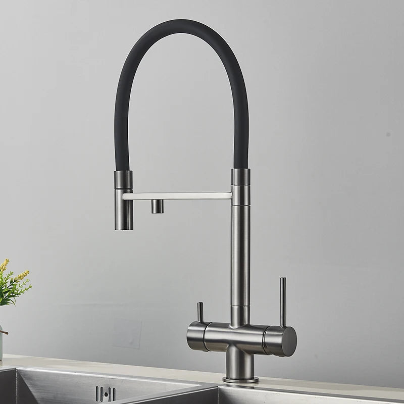 Filtered Kitchen Faucets Dual Spout Filter Faucet Mixer Pull Out Spray 360 Rotation Water Purification 3 Ways Sink Mixer Kitchen