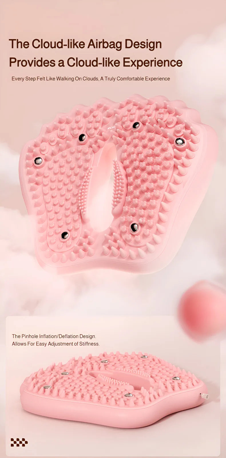 Pink inflatable foot massage mat with textured acupoint nubs and embedded magnetic stones, shaped like footprints.