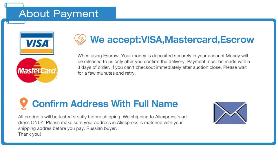 Payment information card showing accepted methods, escrow details, and shipping address confirmation instructions.