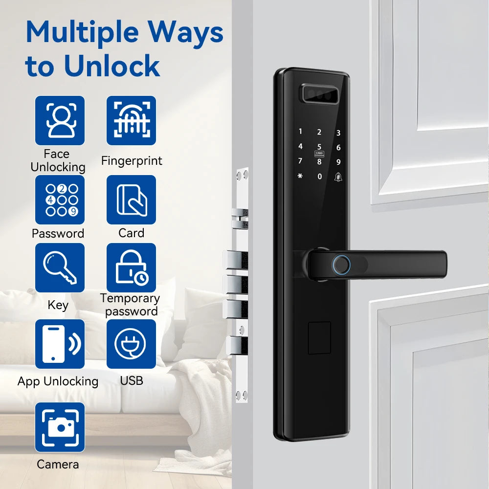 Rfid Keyless Tuya Wifi 3D Face Recognition Digital Electronic Lock Handle Fingerprint Smart Door Lock With Camera