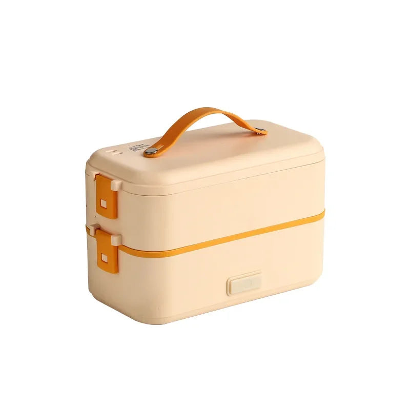 Portable electric heating lunch box, cream with orange handle and side latch tabs.
