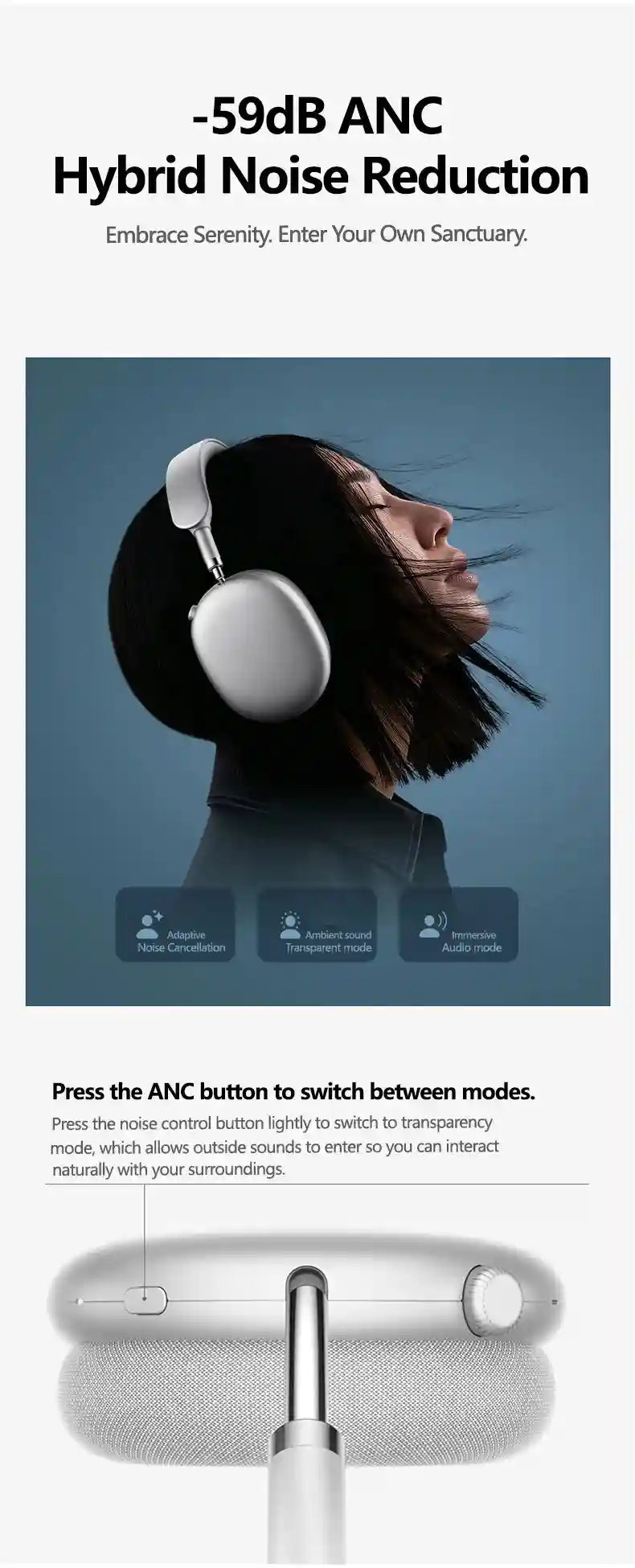 Wireless Headphones with Hybrid Active Noise Cancellation & 180H Battery Tidesmit