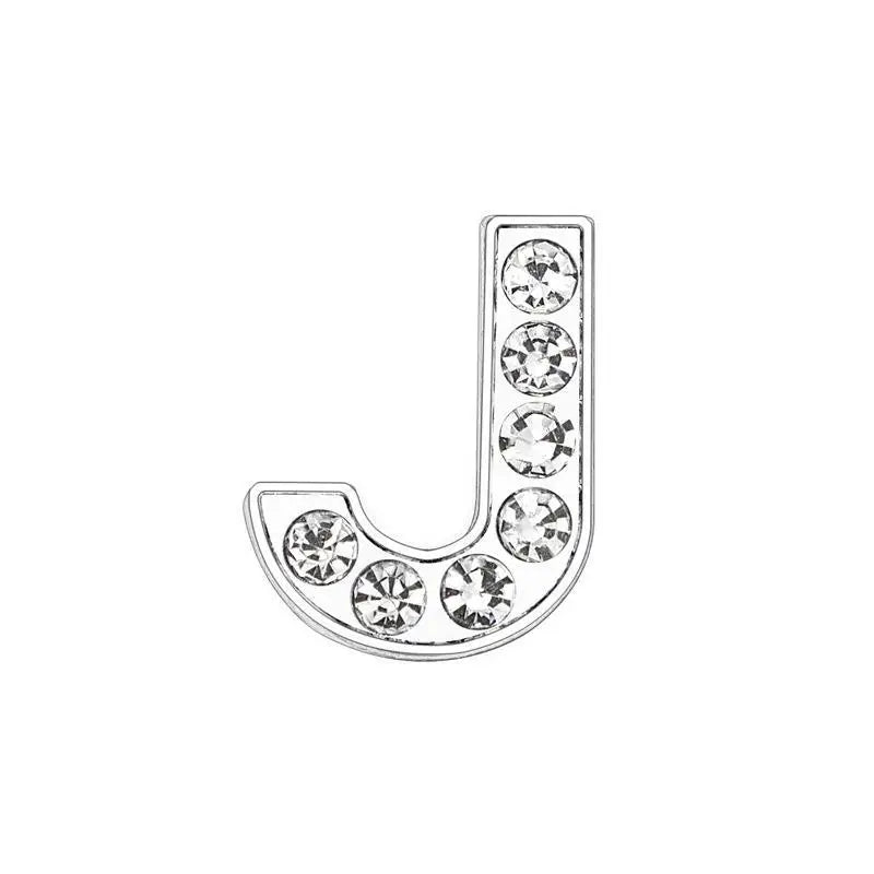 Rhinestone letter J slide charm for 8mm DIY pet collars. Decorative silver alphabet charm for custom pet accessories.