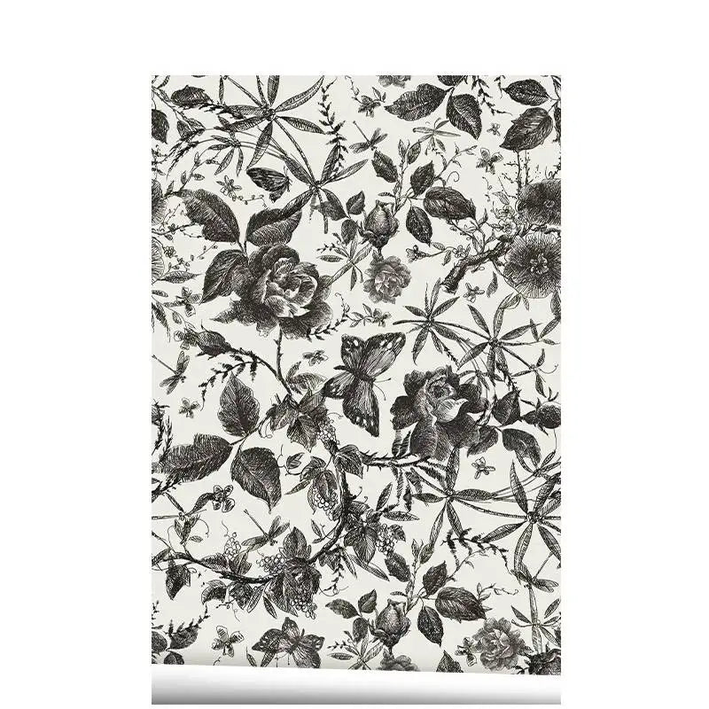 Self-adhesive wallpaper sheet featuring black watercolor floral botanical pattern