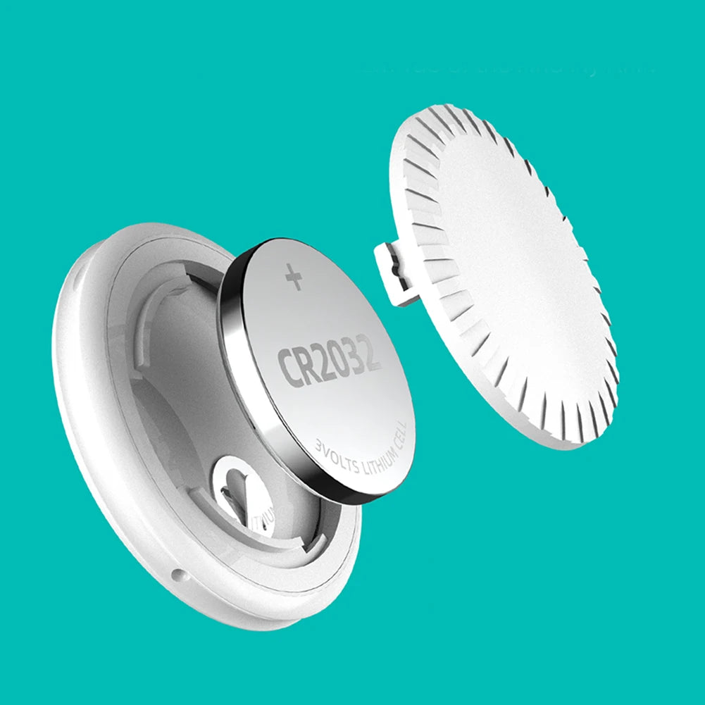 White smart Bluetooth GPS pet tracker with replaceable CR2032 battery for Apple Find My, keeps pets safe and trackable.