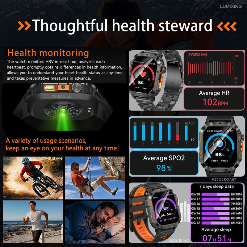 New 1200 mAh Battery Rugged Military Smartwatch Men 5ATM Waterproof Fitness Tracker Health Monitor 100+Sports Call Smart Watches