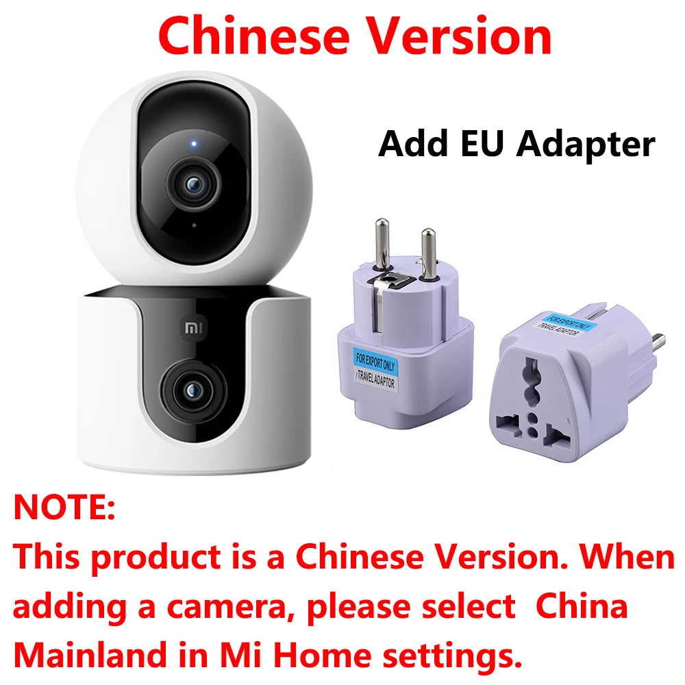 Xiaomi Smart Camera C300 with EU adapter plug set and white dual-lens security camera