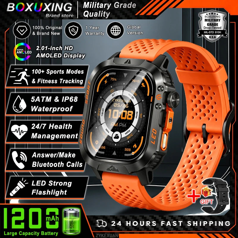 New Military Grade 1200mAh Battery Smartwatch Men 5ATM Waterproof Sports Tracker Flashlight Heart Rate AMOLED Screen Smart Watch