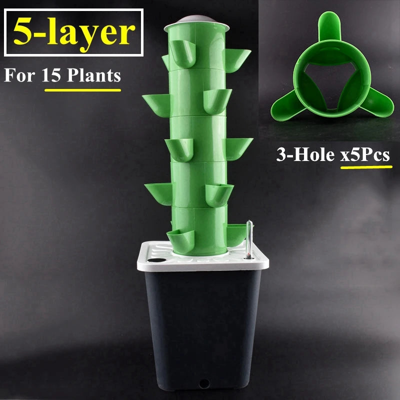 Green 5-layer vertical tower planter with stacked cups and 3-hole support ring