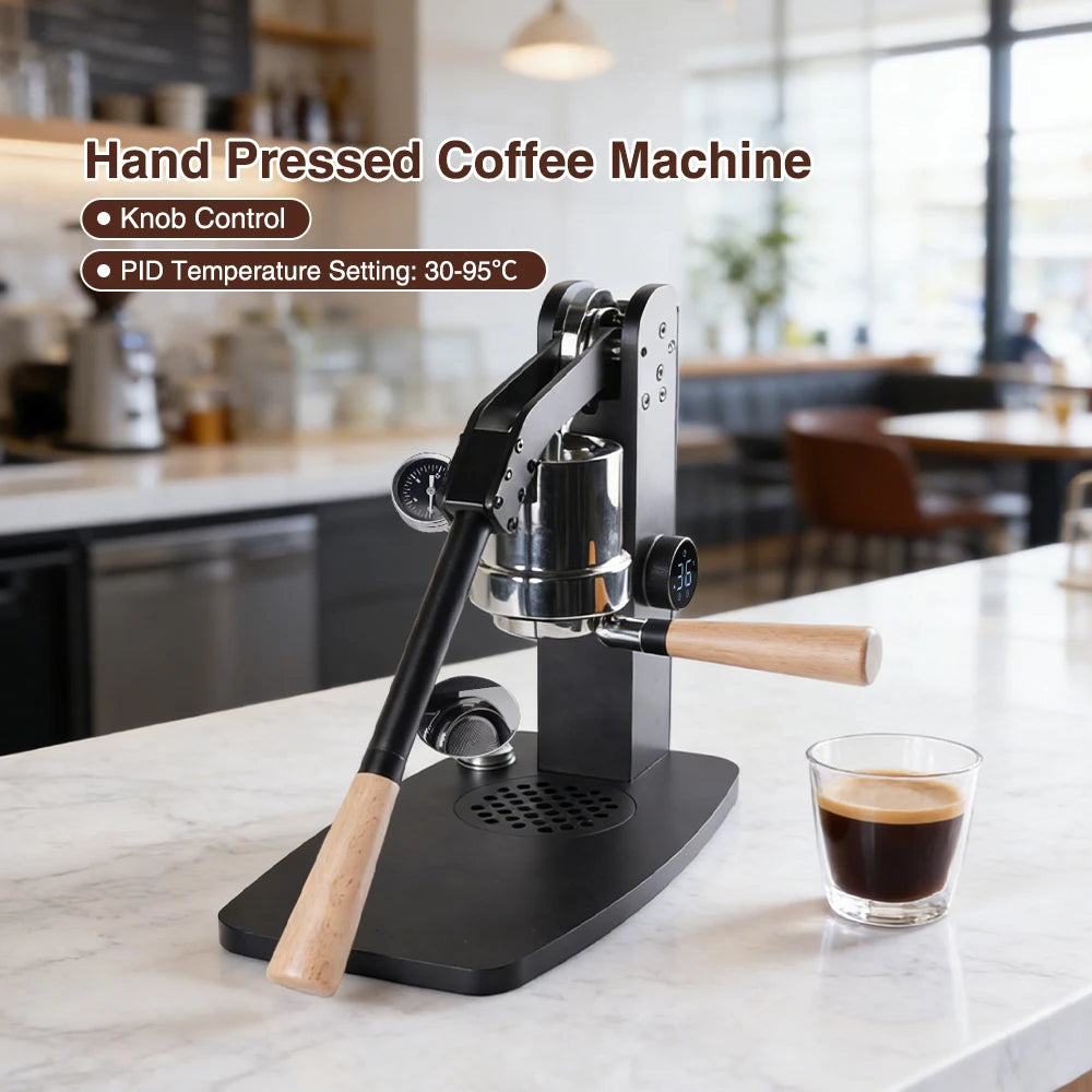 Black hand-pressed espresso machine with PID temperature control, chrome steel finish, and wood handle on a kitchen counter.