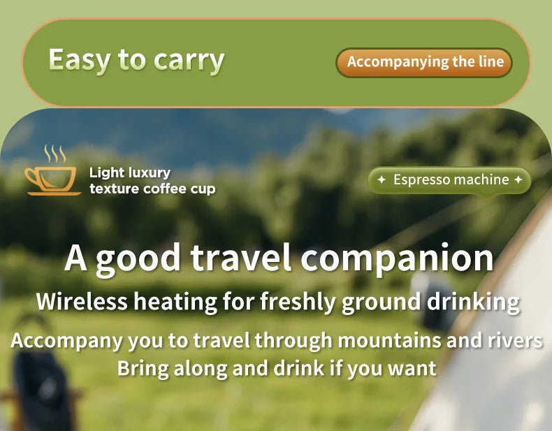 Portable wireless espresso machine for camping, travel, and outdoor use, featuring a luxury textured travel cup.