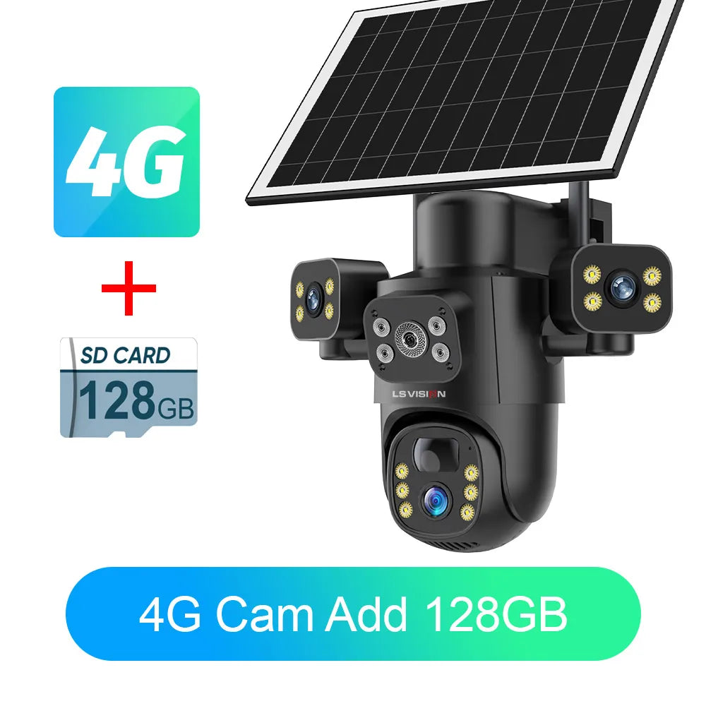 4G solar security camera with three lenses and solar panel, shown with SD 128GB add-on.