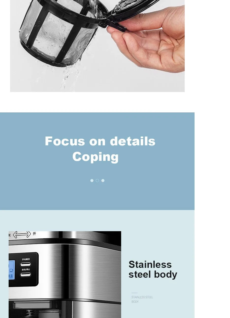 Rinsing a black mesh coffee filter basket and a close-up of a stainless steel coffee maker control panel.