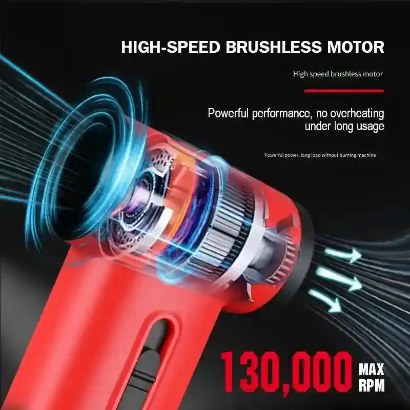 WMARK red cordless 130K RPM hair dryer and dust blower with high-speed brushless motor for powerful performance.