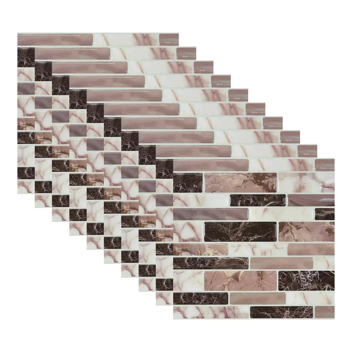 Self-adhesive marble mosaic tile stickers, beige and dark brown brick pattern