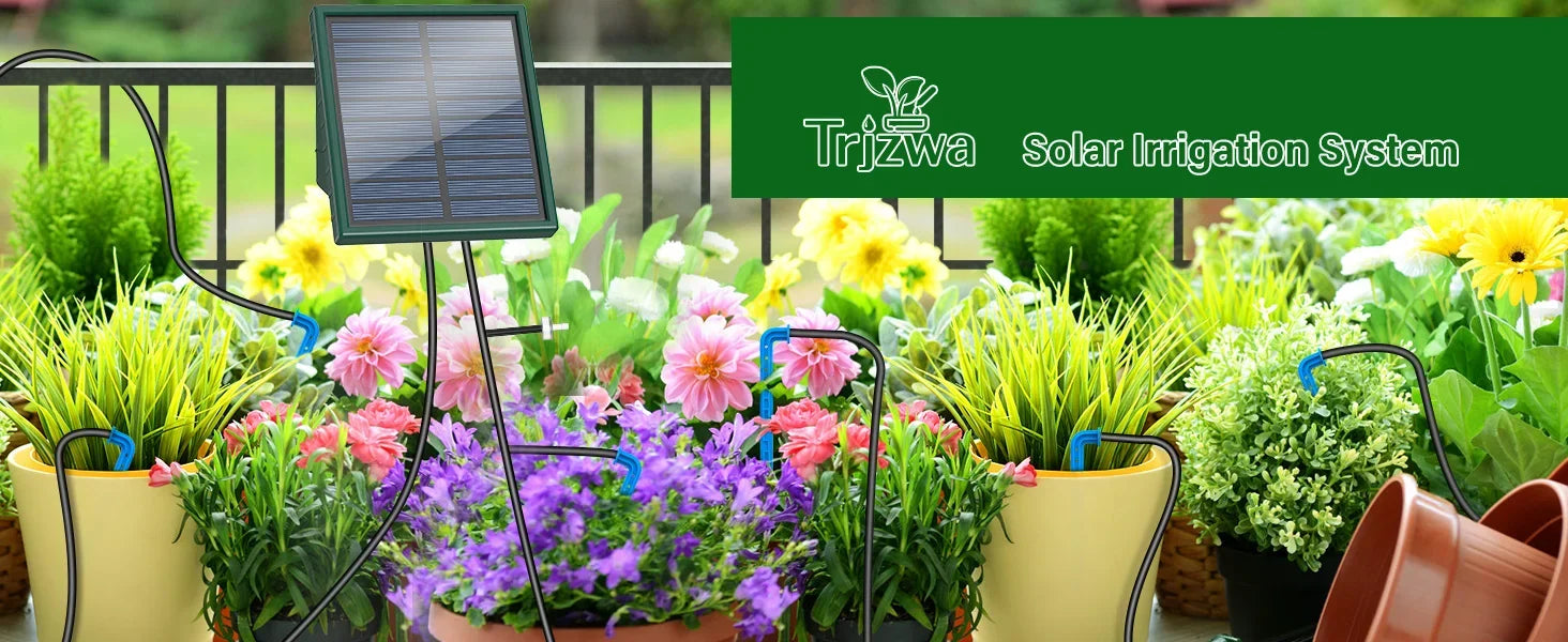 Solar irrigation system with solar panel on stand and blue drip lines watering garden plants