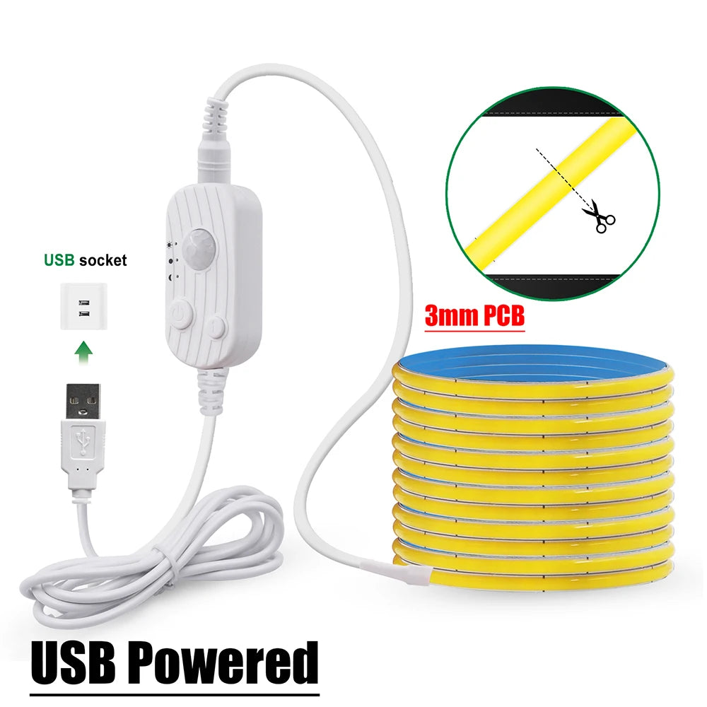USB-powered LED strip kit with 3mm COB PCB, white controller and coiled tape