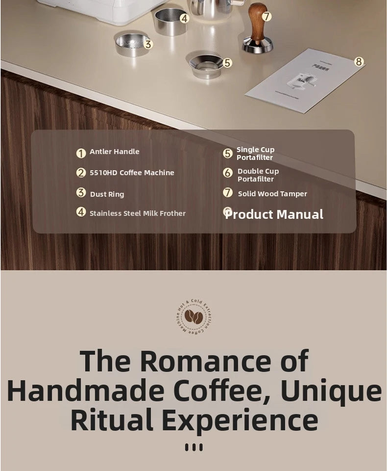 5510HD coffee machine accessories including stainless steel portafilters, dust ring, and solid wood coffee tamper.