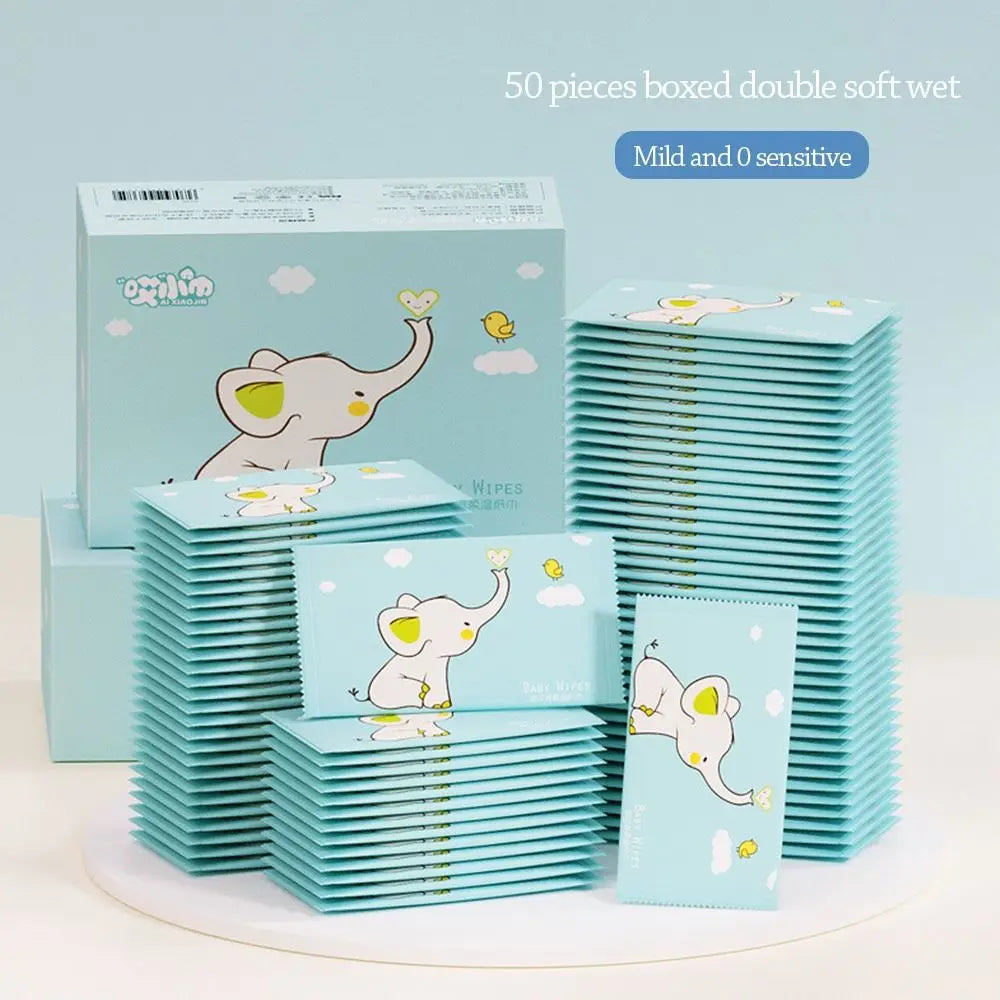 50-count box of soft, mild baby care wet wipes in blue elephant-themed packaging for sensitive skin.