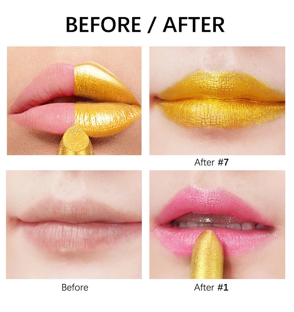 Before and after applying long-lasting waterproof gold shimmer glitter lipstick on lips for a bold makeup look.