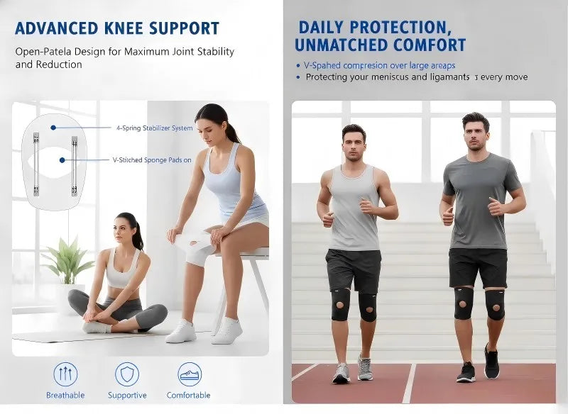 VBOSI Adjustable Breathable Knee Brace with Open Patella Compression Strap Sports Support for Running Gym Knee Pain Relief White