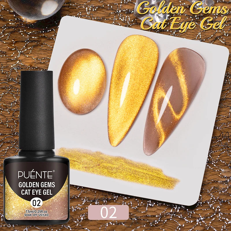 Golden Gems Cat Eye Gel polish in 7.5ml bottle with gold shimmer swatches for nail art application.